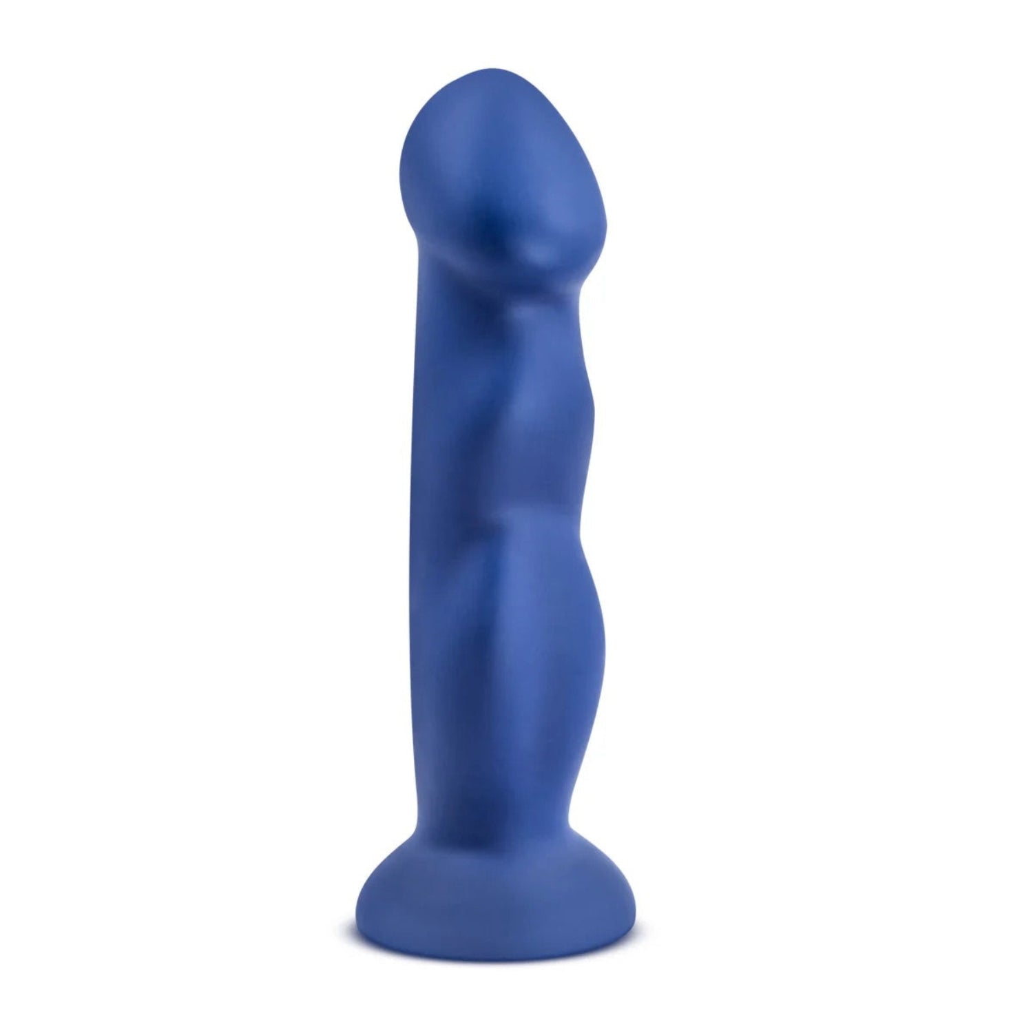 Full front studio shot of the blue Avant Suko Indigo curved silicone dildo standing upright on its wide suction base.
