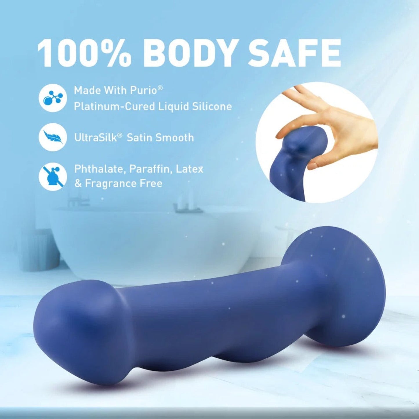 Promotional graphic demonstrating the flexible silicone head of the blue Avant Suko dildo with "100% Body Safe" and Purio liquid silicone text.