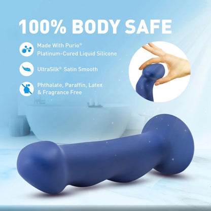 Promotional graphic demonstrating the flexible silicone head of the blue Avant Suko dildo with "100% Body Safe" and Purio liquid silicone text.