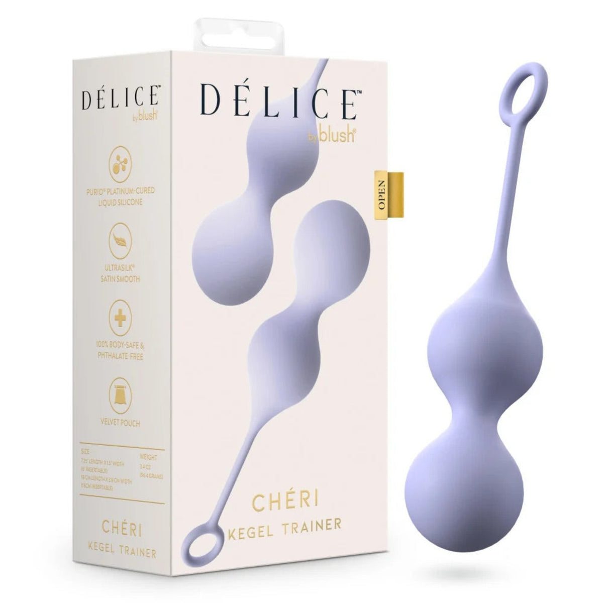 Delice Chéri retail packaging box detailing size specifications of 7.25-inch total length, 1.5-inch width, 6-inch insertable length, and 3.4-ounce weight.