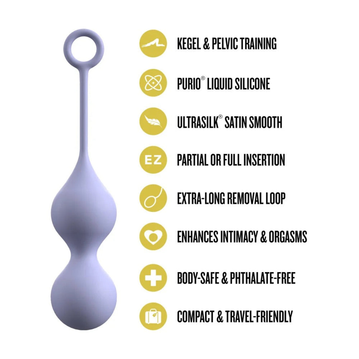 Feature list infographic for Delice Chéri detailing Purio liquid silicone, UltraSilk finish, phthalate-free materials, and pelvic floor toning benefits