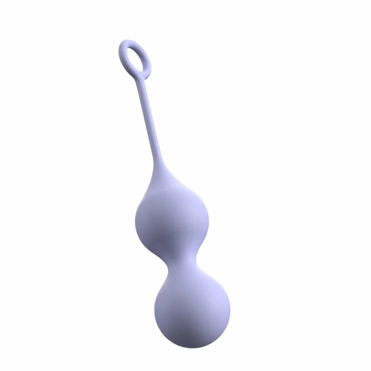 Perspective shot of the lilac Chéri double Kegel exercise ball displaying the curved bridge and slender silicone removal stem.