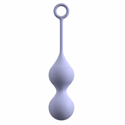 Full front product view of the Delice Chéri silicone Kegel exerciser with dual kinetic resistance balls and retrieval ring.