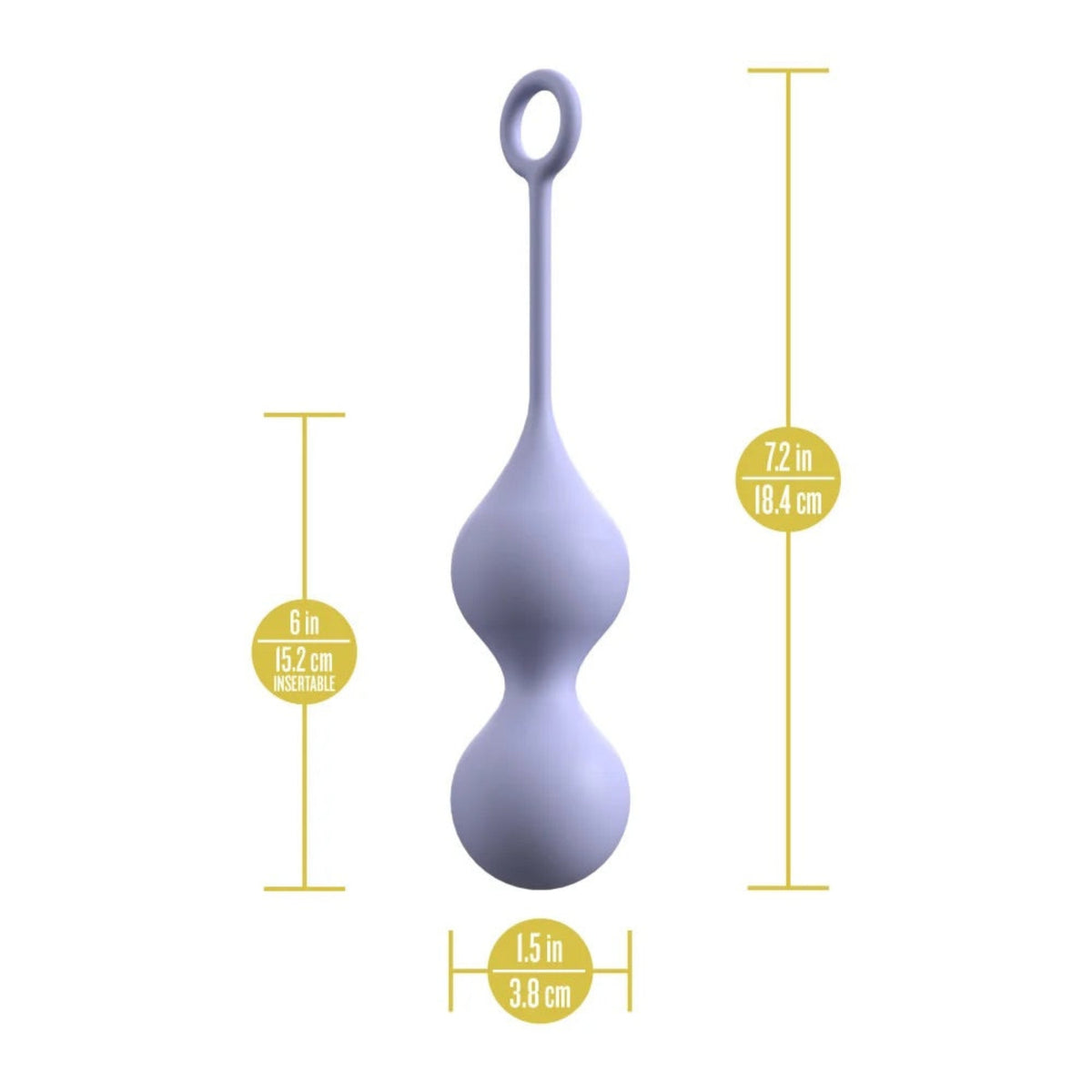 Sizing diagram of the Delice Chéri Kegel trainer showing a 7.2-inch total length, 6-inch insertable length, and 1.5-inch diameter.