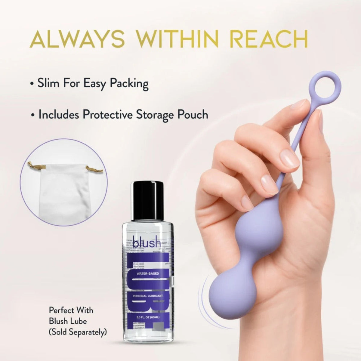 Lifestyle product display of the Chéri pelvic toner with its included white travel pouch alongside a bottle of Blush water-based lubricant.