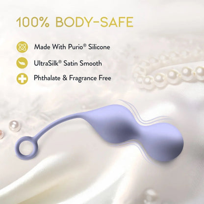 The lavender Chéri Kegel trainer resting on white satin ribbon, highlighting 100% body-safe, fragrance-free, and phthalate-free silicone construction.