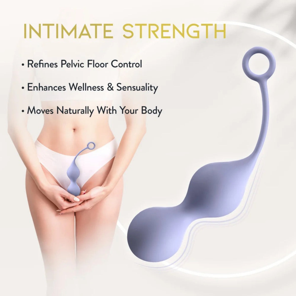Lifestyle diagram highlighting the internal placement of the Delice Chéri Kegel balls to refine pelvic floor control and enhance sensual wellness.