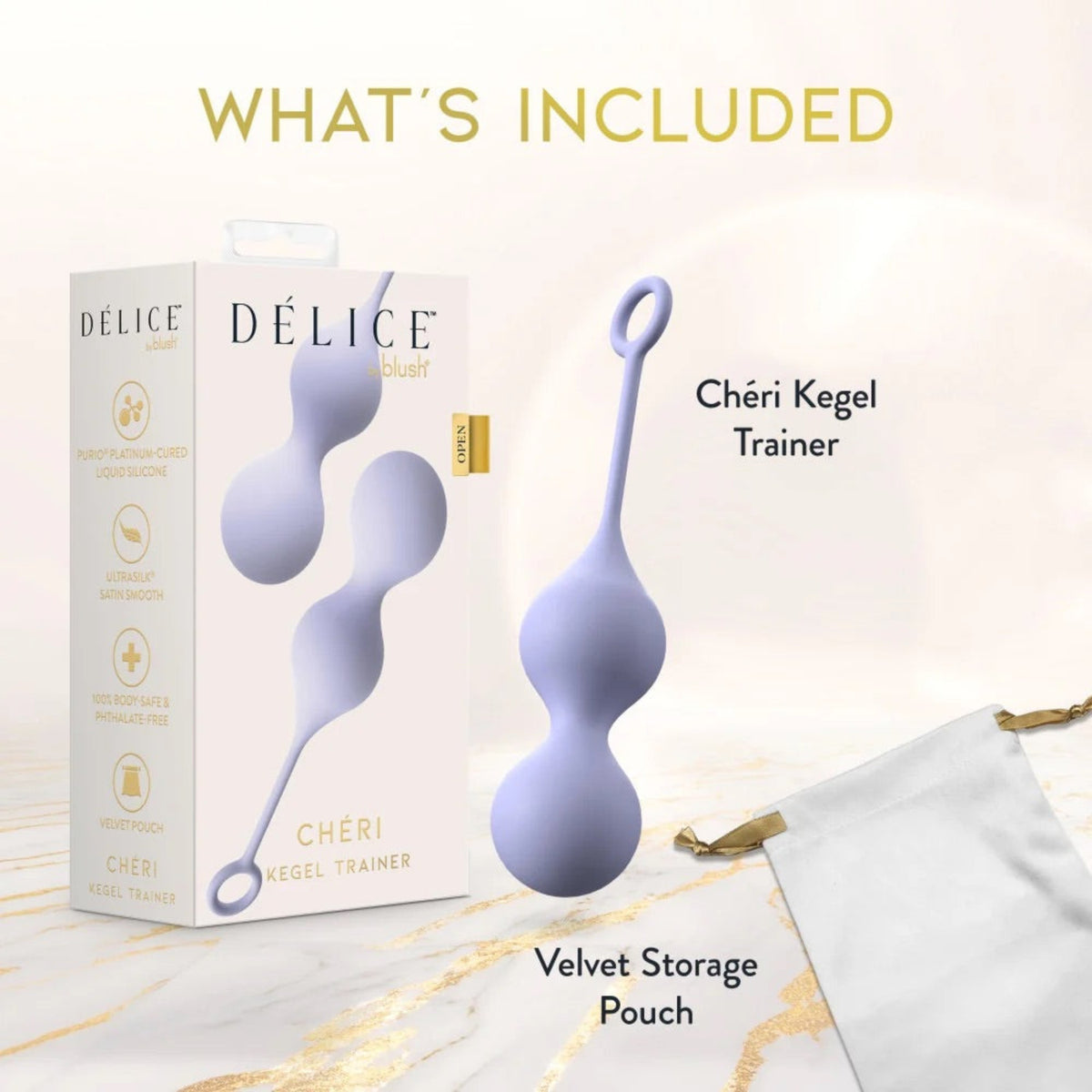 Delice Chéri retail packaging displayed alongside the silicone Kegel trainer and included velvet storage pouch.