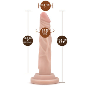 blush Dr. Skin 5" Mini Cock measurements: Insertable width: 2.5 centimetres / 1 inch; Insertable girth: 8.3 centimetres / 3.25 inches; Insertable length: 12.7 centimetres / 5 inches; Product length: 14.6 centimetres / 5.75 inches.