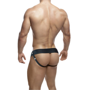 Back of a naked male model wearing the blush Dr. Skin 6" Hollow Strap-On.