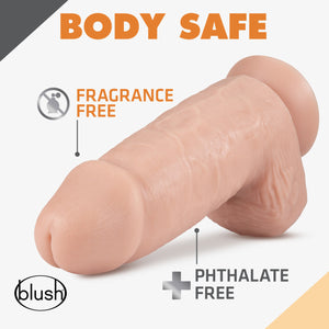 Body safe. Front top side view of the blush Dr. Skin Dr. Chubbs 10" Realistic Dildo, with product benefits pointing to the product: Fragrance free; Phthalate free. On the bottom left corner is the blush logo.