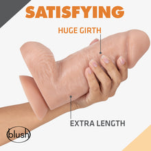 Load image into Gallery viewer, Satisfying. A female hand is holding the blush Dr. Skin Dr. Chubbs 10&quot; Realistic Dildo (showing scaled size of the product compared to a female hand), with product benefits pointing to the product: Huge girth; Extra length. On the bottom left is the blush logo.