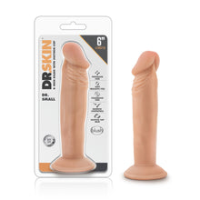 Load image into Gallery viewer, On left side of image is product packaging. On packaging is the Dr. Skin logo, product name &quot;Dr. Small 6 Inch Dildo with Suction Cup&quot;. feature icons for: Laboratory certified body safe; Phthalate free; Soft realistic feel; Fragrance free; Harness compatible; Suction cup base, below is blush logo, top right corner displays 6&quot; length, and in middle is the product inside visible through clear packaging. Beside packaging is product blush Dr. Skin Dr. Small 6 Inch Dildo With Suction Cup Base.