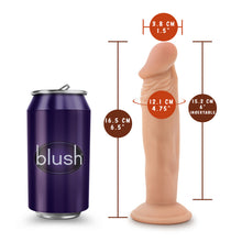 Load image into Gallery viewer, blush Dr. Skin Dr. Small 6 Inch Dildo With Suction Cup Base measurements: Insertable width: 3.8 centimetres / 1.5 inches; Product length: 16.5 centimetres / 6.5 inches; Insertable girth: 12.1 centimetres / 4.75 inches; Insertable length: 15.2 centimetres / 6 inches. On the left side of the image is a can, with a blush logo placed to demonstrate a size scale for the product.
