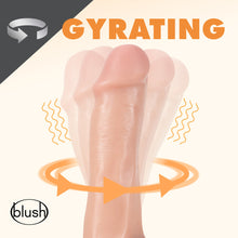 Load image into Gallery viewer, At the top of the image is an icon for Gyrating. In the middle is an illustration of the blush Dr. Skin Dr. Spin Gyrating Realistic Dildo&#39;s shaft vibrating and arrows pointing counter-clockwise indicating it&#39;s rotating movements. In the bottom left is the blush logo.