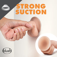 Load image into Gallery viewer, At the top of the image is an icon for &quot;Strong Suction&quot;. In the middle is the blush Dr. Skin Dr. Spin Gyrating Realistic Dildo being stuck on to a flat vertical looking surface, with a female hand wrapped around the shaft, demonstrating the strength of the suction cup. In the bottom right, a separate image showing a close-up of the suction cup. In the bottom left is the blush logo.