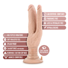 Load image into Gallery viewer, blush Dr. Skin Double Vibe Realistic Dildo features: Lab certified - Body safe; Fragrance free; Latex &amp; Phthalate free; Hypoallergenic; Multispeed vibrations; Soft realistic feel; Splash proof; 2 AA batteries (not included); Removable suction cup base; Harness compatible; EZ Dial Rotating Speed controller.