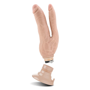Side view of the blush Dr. Skin Double Vibe Realistic Dildo, with the cap removed to show the placement of the AA batteries.