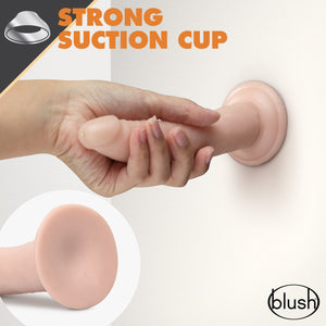 An icon for Strong suction cup. An image of a female hand looks like pulling the blush Dr. Skin Glide 7.5 Inch Self Lubricating Dildo, that is stuck on a vertical flat surface, from the suction cup. On the bottom left, is a close up image of the product's suction cup, and on the bottom right is the blush logo.