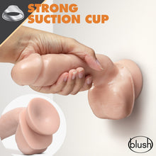 Load image into Gallery viewer, An icon for Strong suction cup, at the top of the image. In the middle is the blush Dr. Skin Glide 8.5 Inch Self Lubricating Dildo With Balls placed on a vertical flat surface, with a females hand pulling the product from the shaft, demonstrating the strength of the suction cup. In the bottom left is a back side image of the product, and bottom right is the blush logo.