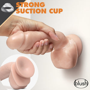 An icon for Strong suction cup, at the top of the image. In the middle is the blush Dr. Skin Glide 8.5 Inch Self Lubricating Dildo With Balls placed on a vertical flat surface, with a females hand pulling the product from the shaft, demonstrating the strength of the suction cup. In the bottom left is a back side image of the product, and bottom right is the blush logo.