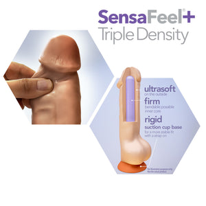 SensaFeel+ Triple Density. The left image is showing a finger pinching under the tip of the product. Right image is illustrating the product layers: ultrasoft on the outside (pointing to the outer material of the product); firm bendable posable inner core (Pointing to the inside material of the shaft); rigid suction cup base for a more stable fit with a strap on (pointing to the suction cup base of the product).
