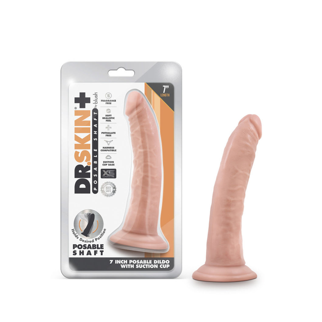 Left side of image is product packaging. On packaging is Dr. Skin + logo, Posable Shaft by blush, product feature icons for: Fragrance free; Soft realistic feel; Phthalate free; Harness compatible; Suction Cup Base; X5 Superior TPE; Laboratory certified - Body safe; Holds Desired position Posable Shaft, product name below: 7 Inch Posable Dildo with Suction cup, top right: 7