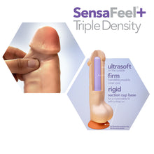 Load image into Gallery viewer, SensaFeel+ Tripple Density. Left image is showing a thumb pinching the product under the tip, demonstrating the softness of the product. Right lower image illustrates the product features: ultrasoft on the outside (pointing to the outer material); firm bendable posable inner core (pointing to the inside material); rigid suction cup base for a more stable fit with a strap on. (pointing to the suction cup at the base).