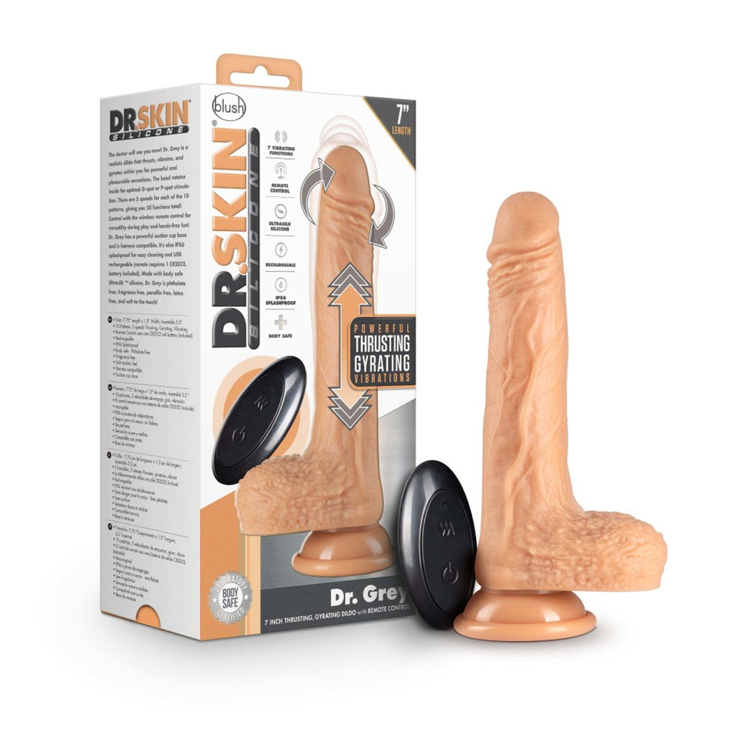 Side view of packaging. Front of packaging has blush & Dr. Skin Silicone logos, feature icons for: 7 vibrating functions; Remote control; Ultrasilk silicone; Rechargeable; IPX6 splashproof; Body safe; Laboratory certified body safe; Powerful thrusting gyrating vibrations, top right: 7
