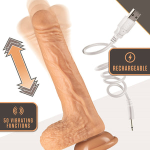 Up and down arrows beside the blush Dr. Skin Silicone Dr Grey 7 Inch Thrusting, Gyrating Dildo visualizing the movements of the product, and to the left is an icon for "50 vibrating functions". To the right is a USB charging cable, with an icon for "rechargeable" over top.
