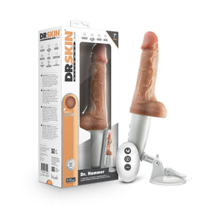 On the left is the product packaging and beside is the product blush Dr. Skin Silicone Dr. Hammer 7" Thrusting, Gyrating & Vibrating Dildo with Remote Control & Detachable Suction Cup Base