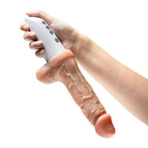 blush Dr. Skin Silicone Dr. Hammer 7" Thrusting, Gyrating & Vibrating Dildo is held in reverse showing the size scale product against a human hand.