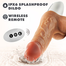 Load image into Gallery viewer, Feature icons for: IPX6 Splashproof Dildo; Wireless Remote with an image of the remote control bellow with arching signal waves illustrated for wireless control. On the right side of the image is the blush Dr. Skin Silicone Dr. Hammer 7&quot; Thrusting, Gyrating &amp; Vibrating Dildo&#39;s tip is splashing in a puddle of water.