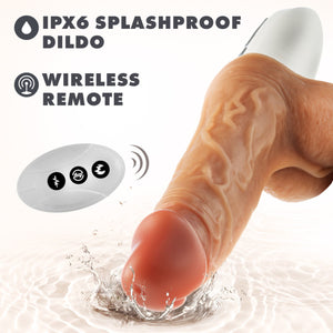 Feature icons for: IPX6 Splashproof Dildo; Wireless Remote with an image of the remote control bellow with arching signal waves illustrated for wireless control. On the right side of the image is the blush Dr. Skin Silicone Dr. Hammer 7" Thrusting, Gyrating & Vibrating Dildo's tip is splashing in a puddle of water.