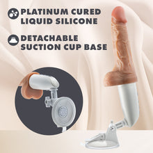 Load image into Gallery viewer, Feature icons for: Platinum cured liquid silicone; Detachable suction cup base. on the right side is the blush Dr. Skin Silicone Dr. Hammer 7&quot; Thrusting, Gyrating &amp; Vibrating Dildo attached to the suction cup base. On the lower left of the image is a circular image showing a close up from the back of the suction cup base.