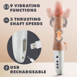 Feature icons for: 9 Vibrating Functions; 3 thrusting shaft speeds; USB Rechargeable, with circular closeup image of product's charging port, and 2 ends of charge cable. On the right side of the image is the blush Dr. Skin Silicone Dr. Hammer 7" Thrusting, Gyrating & Vibrating Dildo with circular arrows illustrating gyration movement, up & down arrows illustrating thrusting movement, and the tip of the shaft is bent in separate directions with vibration waves illustrating vibration intensity.