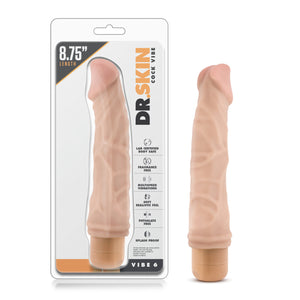 On the front of the package from top left 8.75" length, Dr. Skin logo, Cock vibe, Lab certified - Body safe; Fragrance free; Multispeed vibrations; Soft realistic feel; Phthalate free; Splash proof, Vibe 6. Beside the packaging is the product, standing on the base.