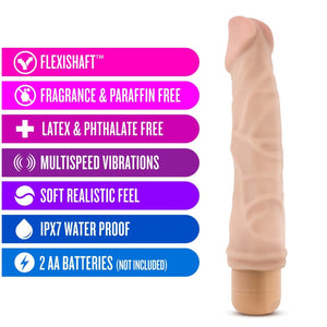blush Dr. Skin 22 cm / 8.75" Cock Vibe 6 features: Flexishaft; Fragrance & Paraffin free; Latex & Phthalate free; Multispeed vibrations; Soft realistic feel; IPX7 Water proof; 2 AA batteries (not included)