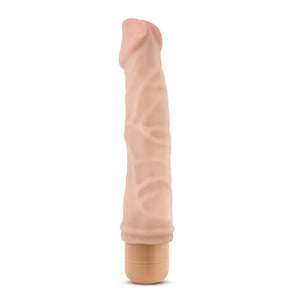 Bottom side view of the blush Dr. Skin 22 cm / 8.75" Cock Vibe 6, standing on its base.