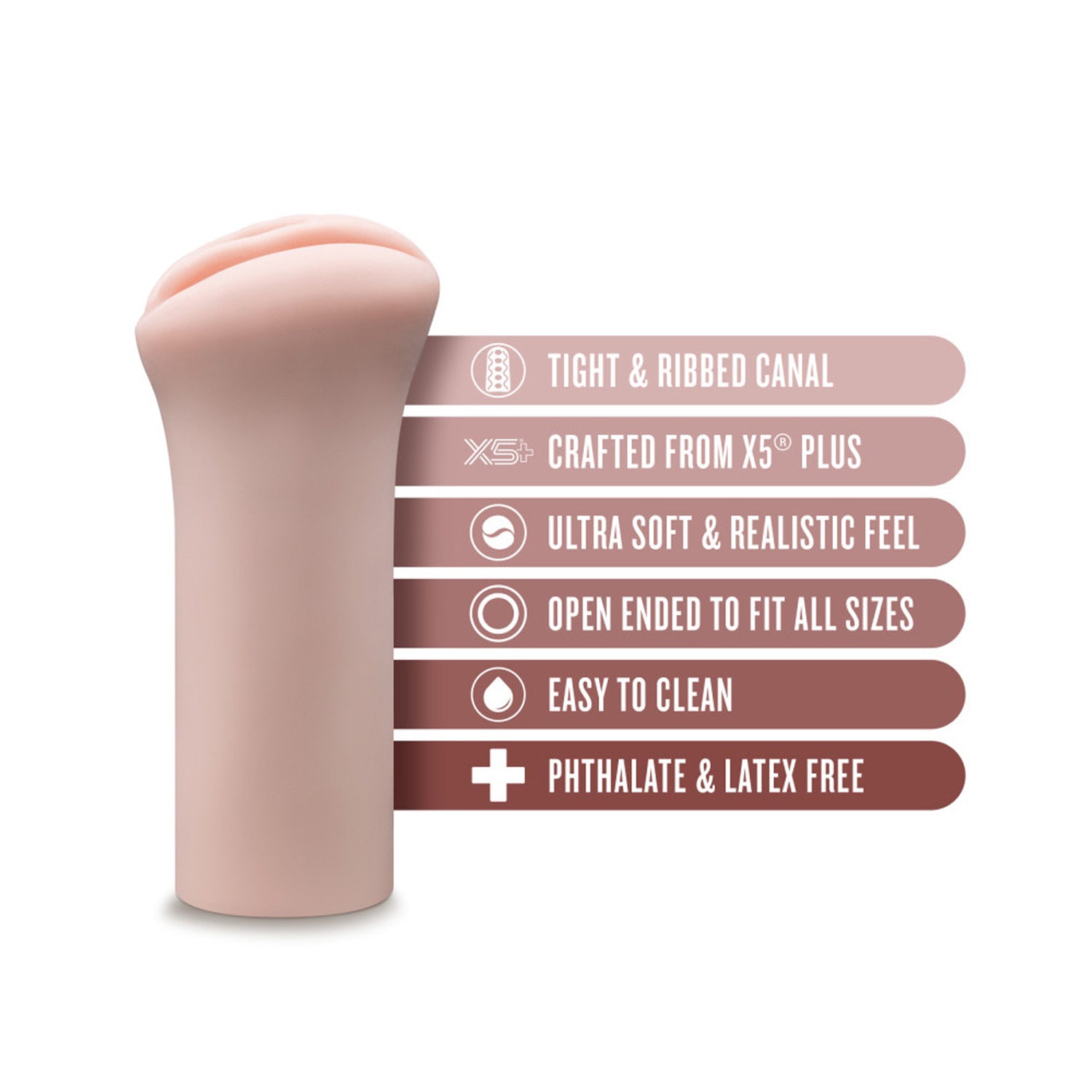 blush EnLust Ashlynn Stroker features: TIGHT & RIBBED CANAL; CRAFTED FROM X5 PLUS; ULTRA SOFT & REALISTIC FEEL; OPEN ENDED TO FIT ALL SIZES; EASY TO CLEAN; PHTHALATE & LATEX FREE.