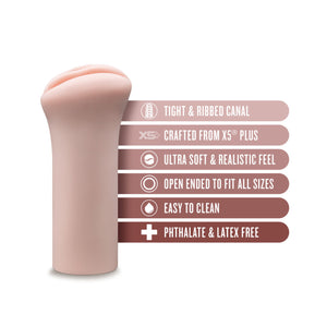 blush EnLust Ashlynn Stroker features: TIGHT & RIBBED CANAL; CRAFTED FROM X5 PLUS; ULTRA SOFT & REALISTIC FEEL; OPEN ENDED TO FIT ALL SIZES; EASY TO CLEAN; PHTHALATE & LATEX FREE.