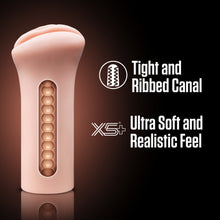 Load image into Gallery viewer, A computer generted image if the blush EnLust Ashlynn Stroker, with a cutout view of the inner ribbed canal of the product. Beside the image are the product feature icons for: Tight and Ribbed Canal; X5+ Ultra Soft and Realistic Feel.