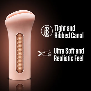 A computer generted image if the blush EnLust Ashlynn Stroker, with a cutout view of the inner ribbed canal of the product. Beside the image are the product feature icons for: Tight and Ribbed Canal; X5+ Ultra Soft and Realistic Feel.