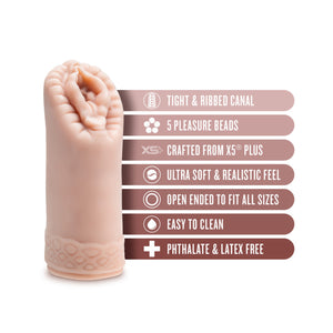 blush EnLust Alyssa Stroker features: TIGHT & RIBBED CANAL; 5 PLEASURE BEADS; X5+ CRAFTED FROM X5 PLUS; ULTRA SOFT & REALISTIC FEEL; OPEN ENDED TO FIT ALL SIZES; EASY TO CLEAN; PHTHALATE & LATEX FREE.
