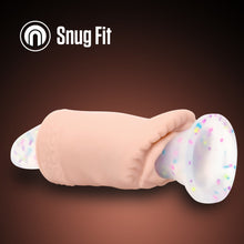 Load image into Gallery viewer, A feature icon for Snug Fit. Below is a computer generated image of a glitered dildo snugly inserted into the blush EnLust Alyssa Stroker and sticking out from the other end.