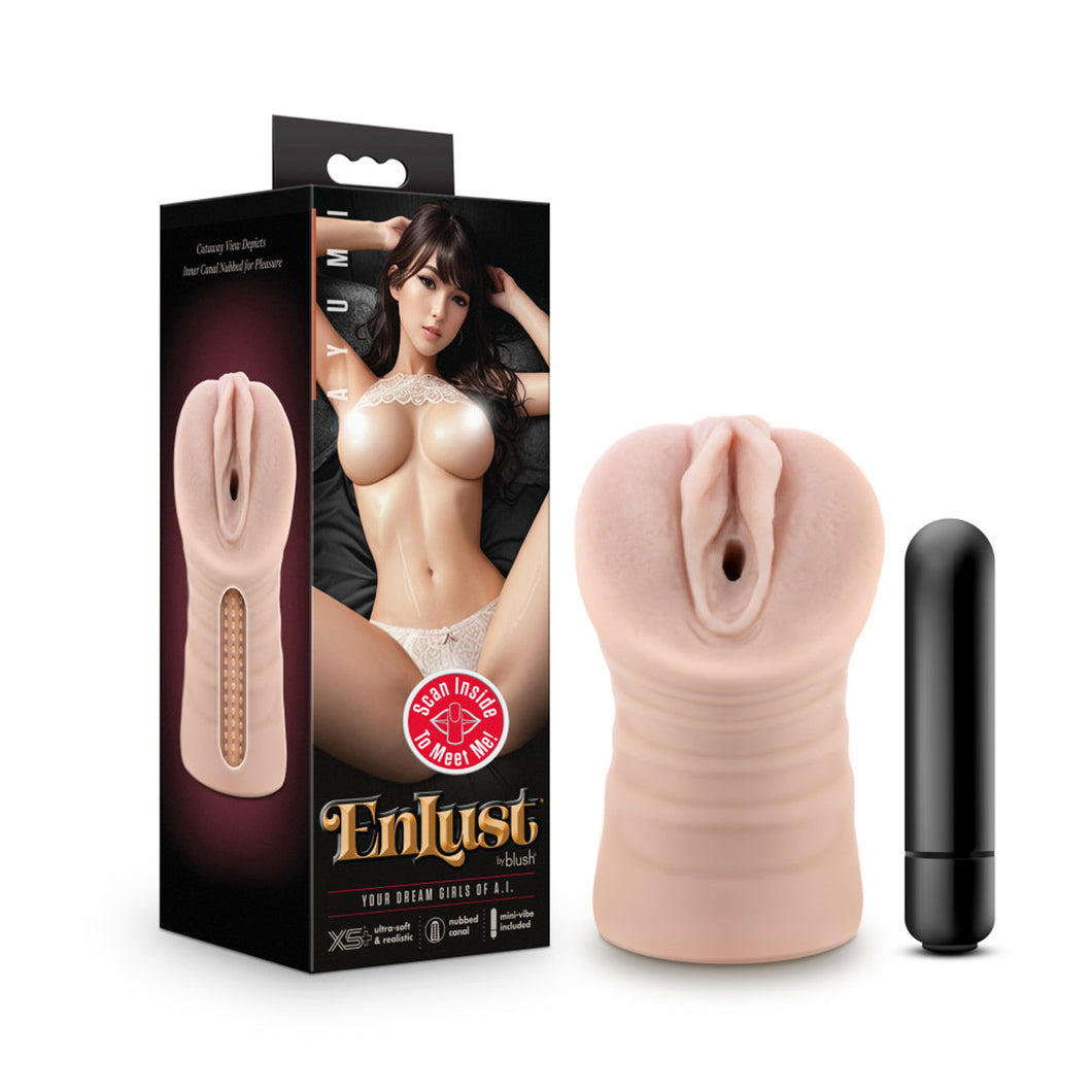 Left side of packaging has printed text: Inner canal nubbed for pleasure, and below is a cutout view of the strokers inside canal. Front of packaging has product name: Ayumi, a naked woman with her breasts exposed laying on her back with her legs spread with icon: Scan inside to meet me!, EnLust by blush logo, 