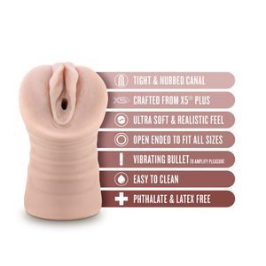 blush EnLust Ayumi Vibrating Stroker features: TIGHT & NUBBED CANAL; CRAFTED FROM X5 PLUS; ULTRA SOFT & REALISTIC FEEL; OPEN ENDED TO FIT ALL SIZES; VIBRATING BULLET TO AMPLIFY PLEASURE; EASY TO CLEAN; PHTHALATE & LATEX FREE.