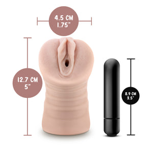 blush EnLust Ayumi Stroker width: 4.5 centimetres / 1.75 inches; product length: 12.7 centimetres / 5 inches; Bullet Vibe length: 8.9 centimetres / 3.5 inches.