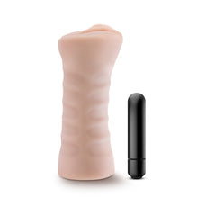 Load image into Gallery viewer, Side view of the blush EnLust Ayumi Stroker standing on its back, with the bullet vibe standing beside.