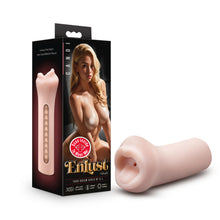 Load image into Gallery viewer, An image of the packaging &amp; stroker laying beside. On the left side of packaging shows &quot;Courtesy View depicts Inner canal ribbed for pleasure&quot;, and below is a side view of the stroker with a cutout view of the inner canal. Front of the packaging shows product name: Candi, a computer generated image of a topless woman, feature icons for: Scan inside to meet me!; X5+ Ultra-soft &amp; realistic; ribbed canal; open-ended, brand name: Enlust by blush, and slogan: Your dream girls of A.I..